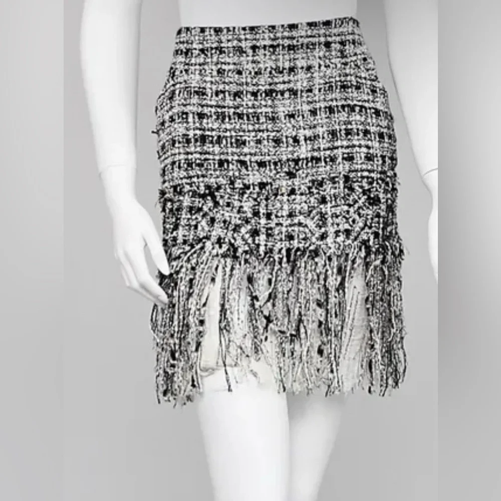 CHANEL Black and White Tweed Fringe and silk chiffon Mini Skirt 40 NO OFFERS